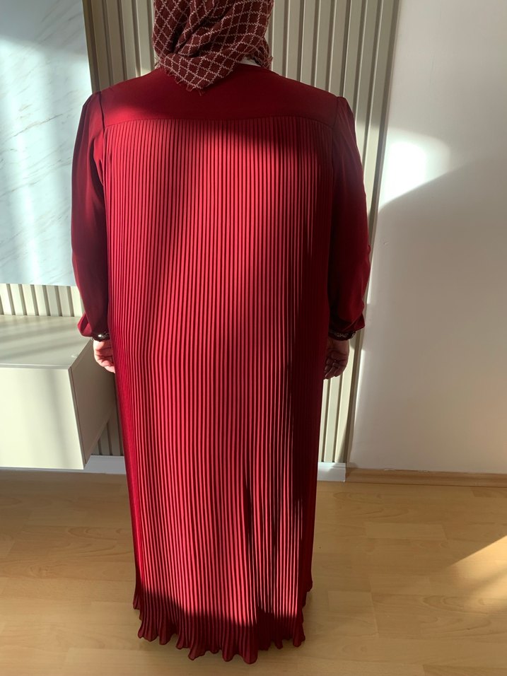 Bordo Uzun Kollu Vintage Kadın Elbisesi - Görsel 3