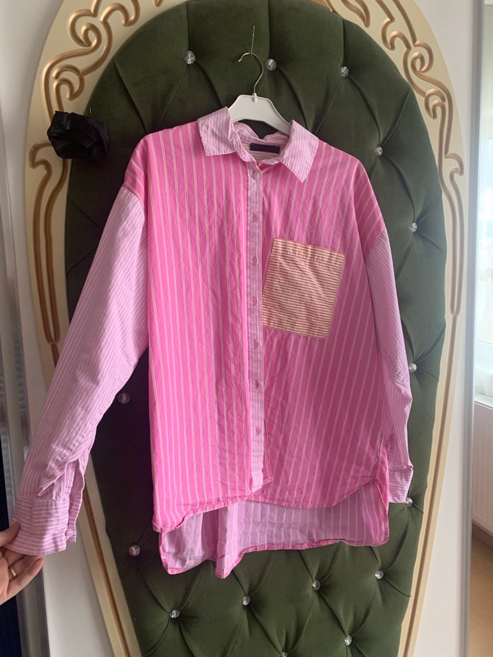 Pembe Bağlama Desenli Uzun Kollu Salaş Gömlek - Görsel 2