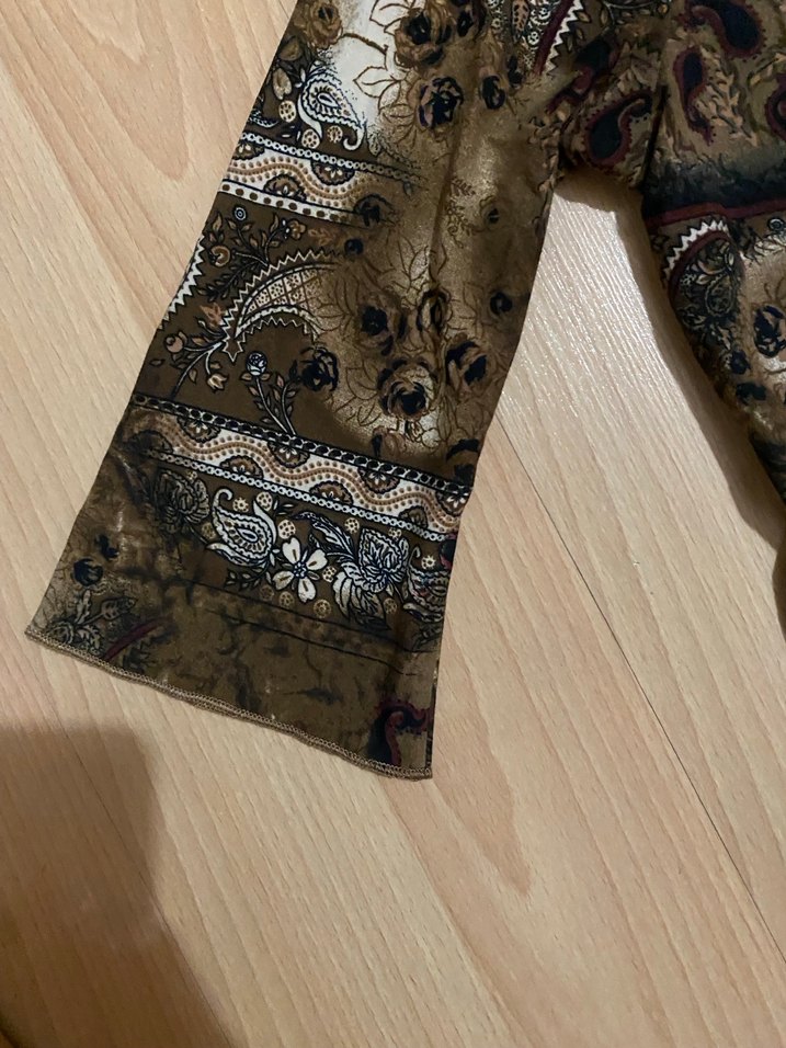 Bohem V Yaka Uzun Kollu Kahverengi Bluz - Görsel 4