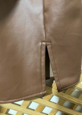 Kahverengi Deri Midi Mini Etek - Görsel 3