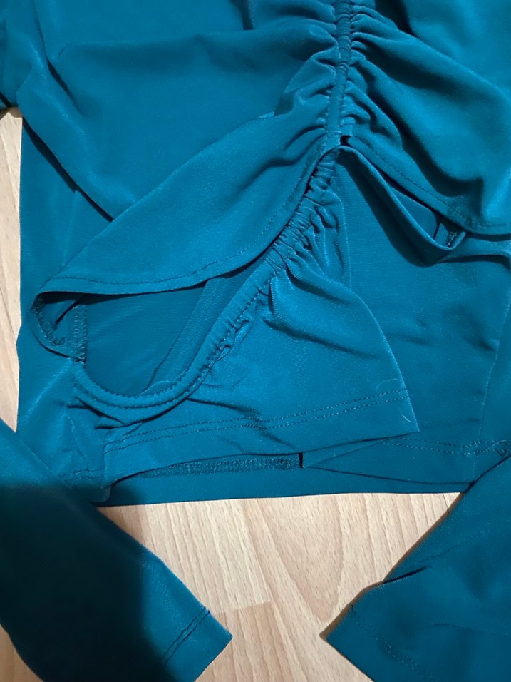 Uzun Kollu Pilili Turkuaz Kadın Bluz - Görsel 2