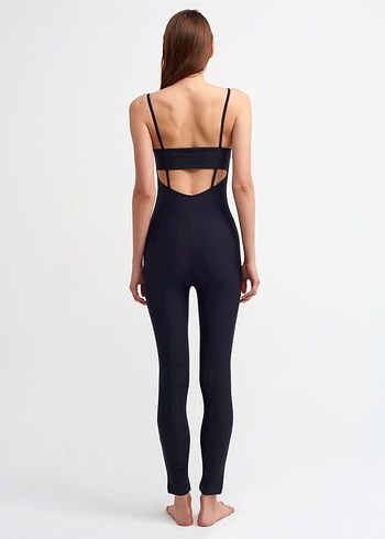 Vatkalı Marka  Siyah İnce Askılı Uzun Spor Tulum - Görsel 3