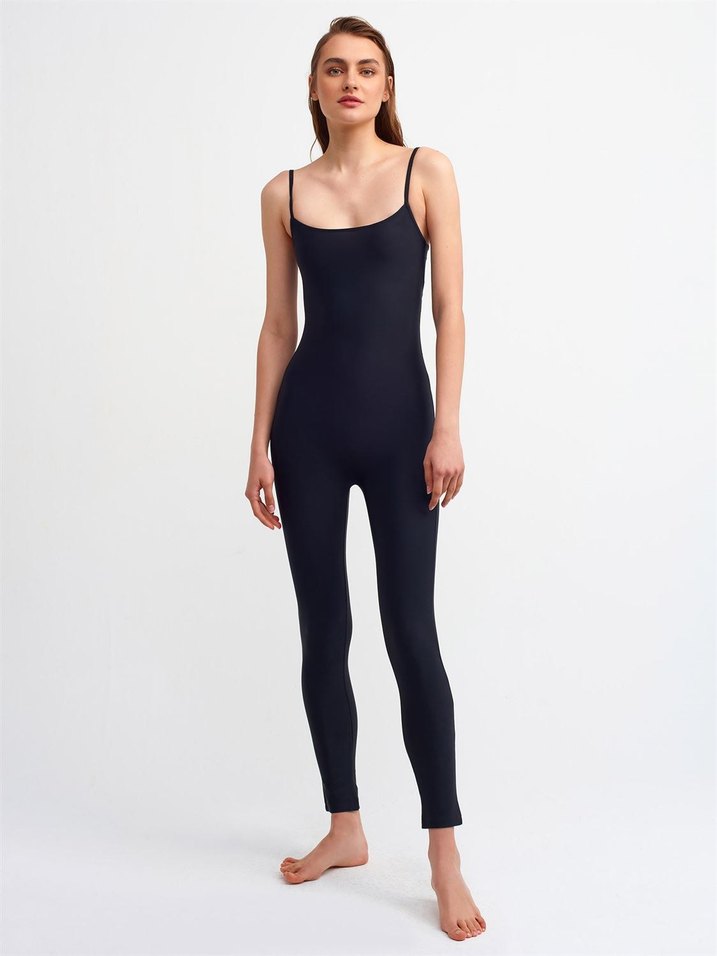 Vatkalı Marka  Siyah İnce Askılı Uzun Spor Tulum - Görsel 2