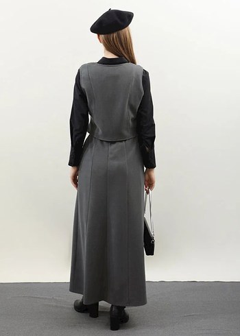 Düğmeli Gri Uzun Kadın Etek - Görsel 8