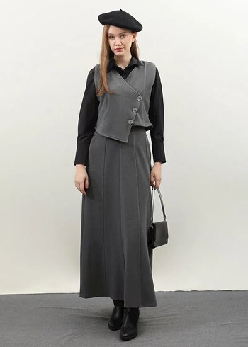 Düğmeli Gri Uzun Kadın Etek - Görsel 2