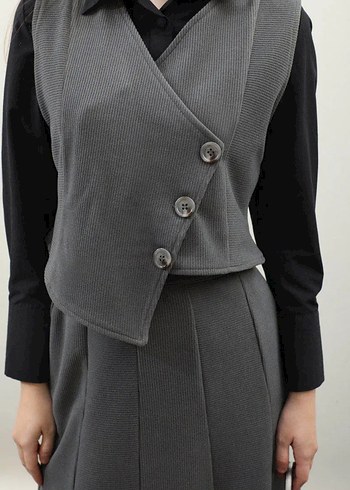 Düğmeli Gri Uzun Kadın Etek - Görsel 7