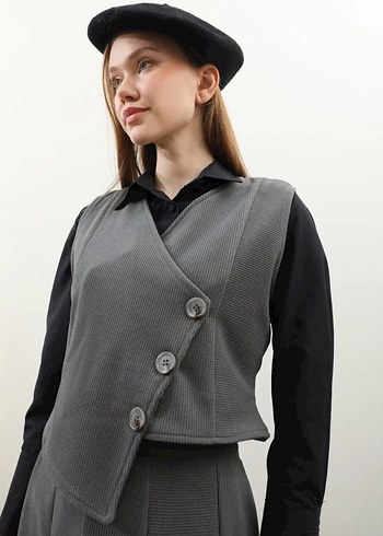 Düğmeli Gri Uzun Kadın Etek - Görsel 6