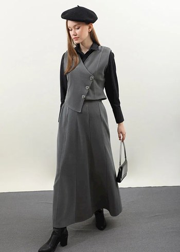 Düğmeli Gri Uzun Kadın Etek - Görsel 4