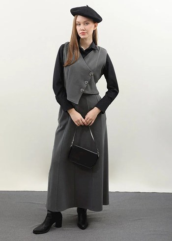 Düğmeli Gri Uzun Kadın Etek - Görsel 3