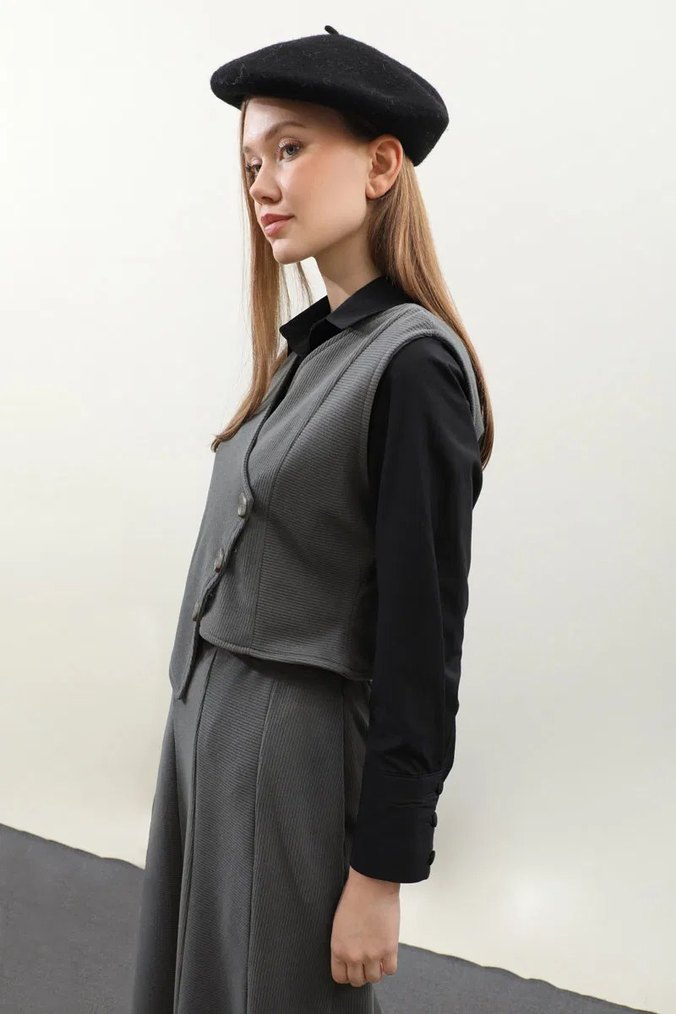 Düğmeli Gri Uzun Kadın Etek - Görsel 5