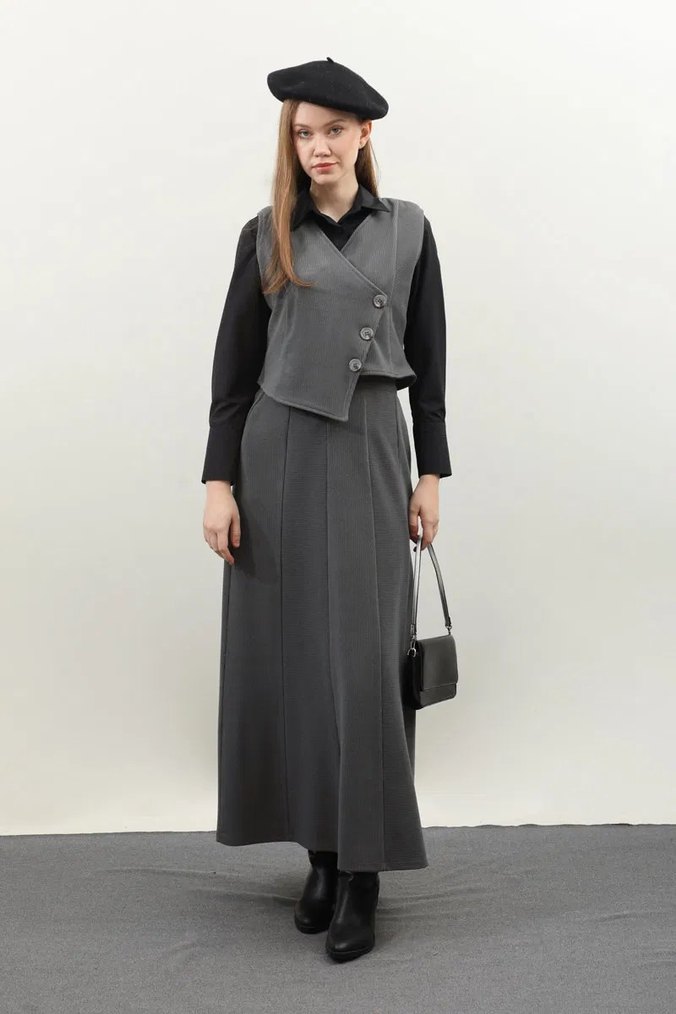 Düğmeli Gri Uzun Kadın Etek - Görsel 2