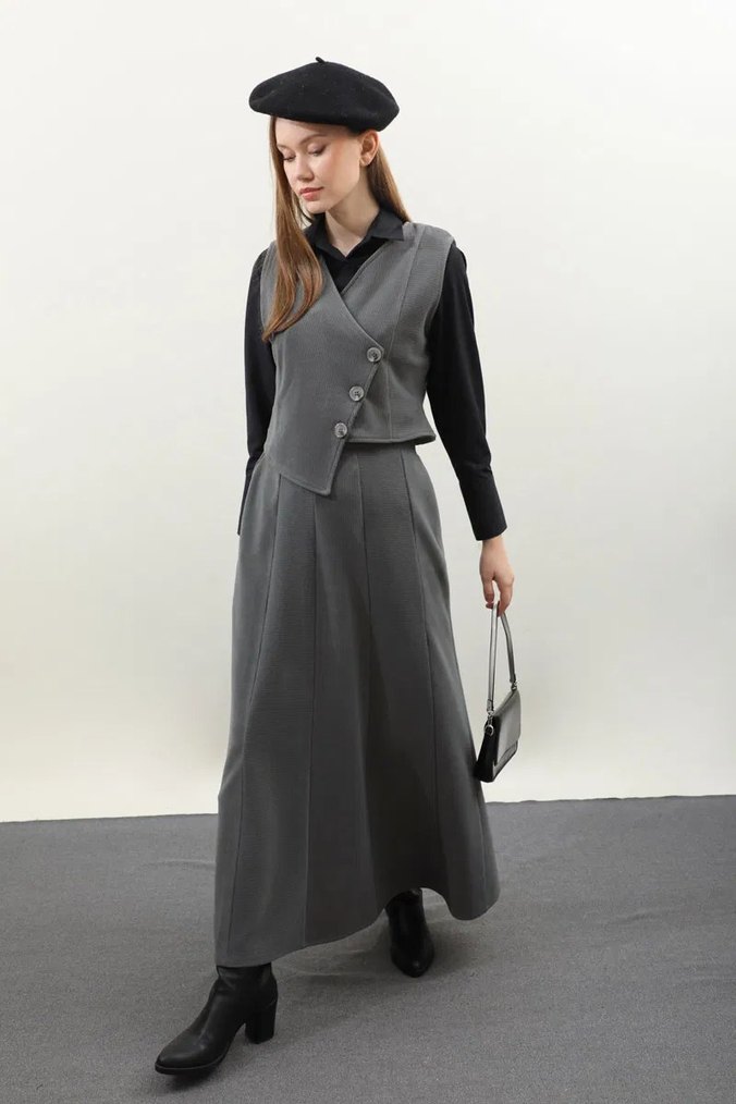 Düğmeli Gri Uzun Kadın Etek - Görsel 4