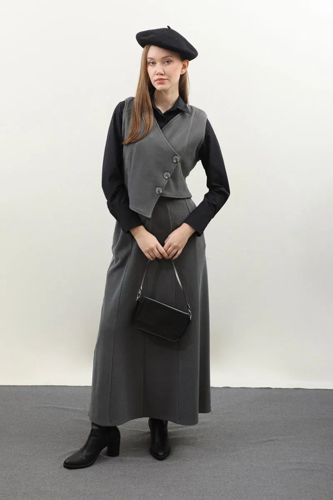 Düğmeli Gri Uzun Kadın Etek - Görsel 3