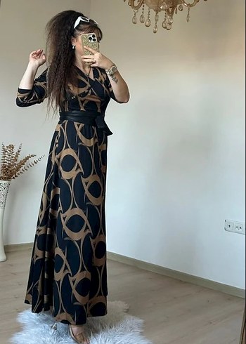 Kahverengi Desenli Uzun Elbise - Görsel 2