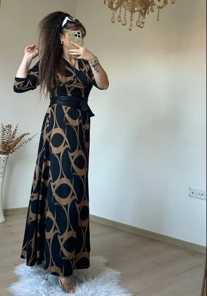 Kahverengi Desenli Uzun Elbise - Görsel 2