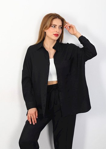 Siyah Keten Kadın Midi Takım - Görsel 2