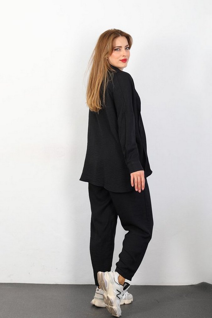 Siyah Keten Kadın Midi Takım - Görsel 4