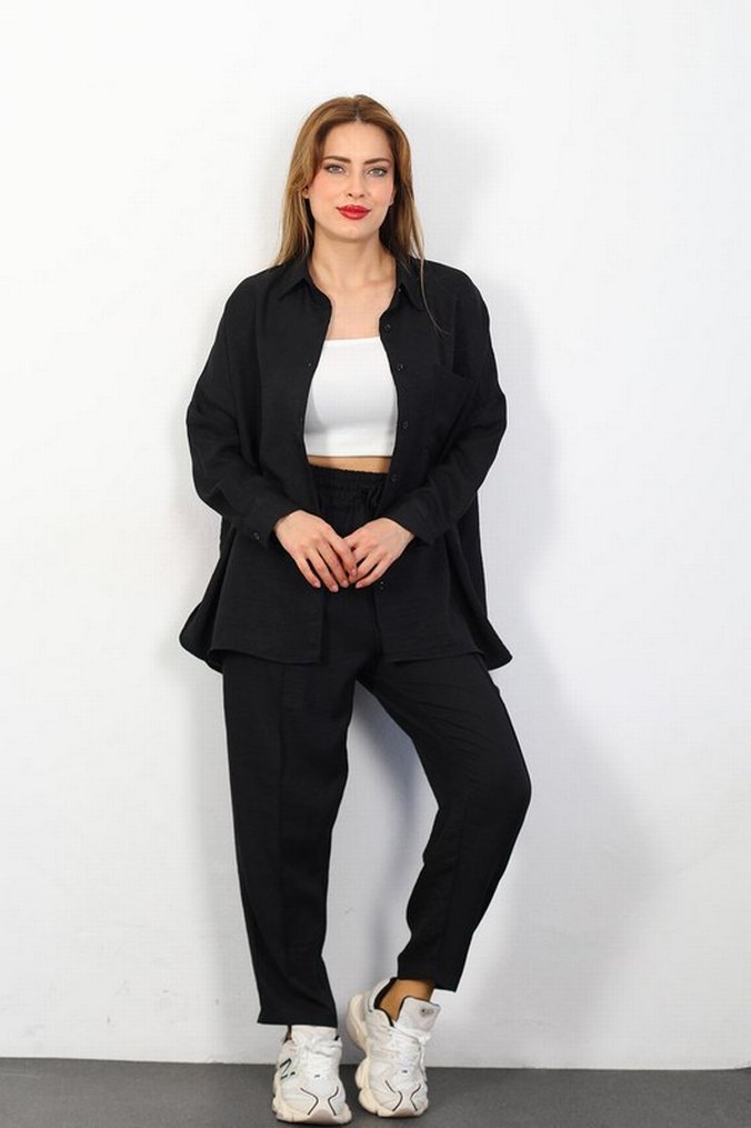 Siyah Keten Kadın Midi Takım - Görsel 3