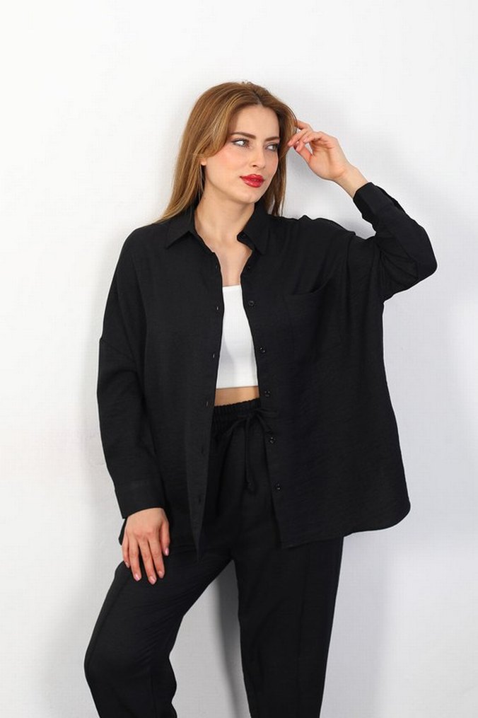 Siyah Keten Kadın Midi Takım - Görsel 2