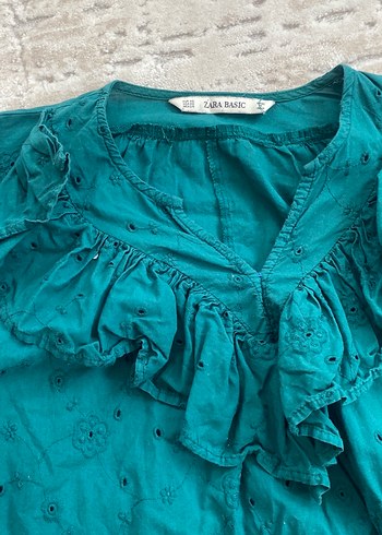 Kadın Turkuaz Keten Volanlı Bohem Bluz - Görsel 2