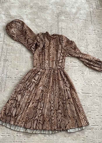 Kahverengi Yılan Desenli Uzun Kollu Bohem Elbise - Görsel 4