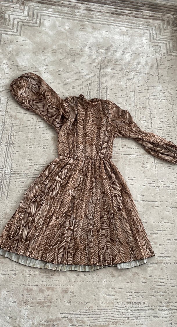 Kahverengi Yılan Desenli Uzun Kollu Bohem Elbise - Görsel 4