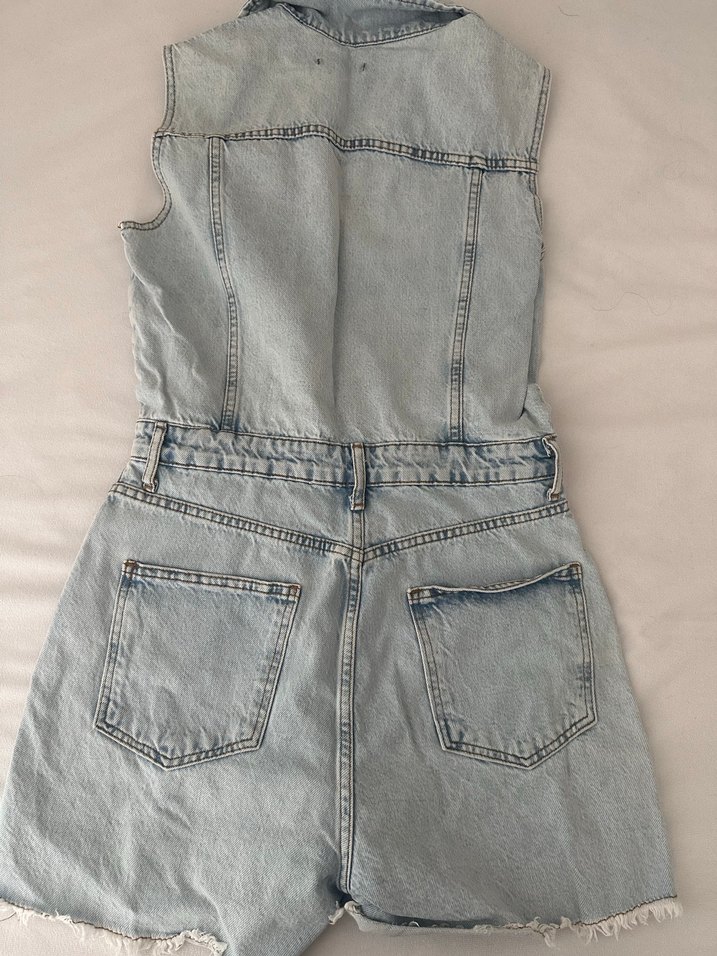 Düğmeli Denim Kadın Tulum - Görsel 2