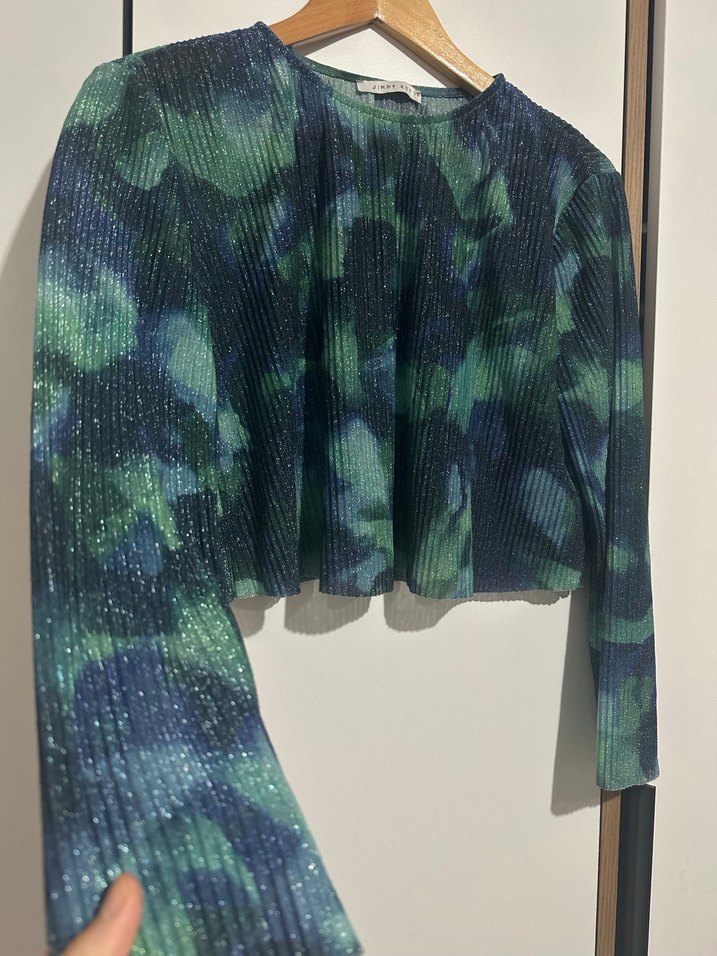 Yeşil Pilili Kadın Bluz - Uzun Kollu, Balıkçı Yaka - Görsel 4