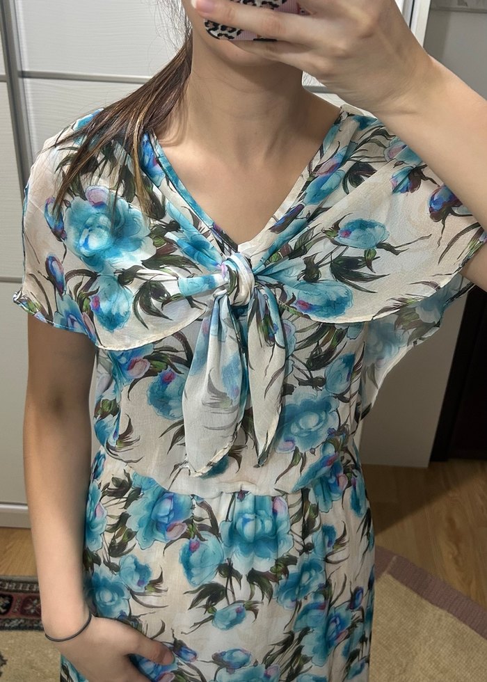 Mavi Çiçekli Uzun Elbise - Görsel 2