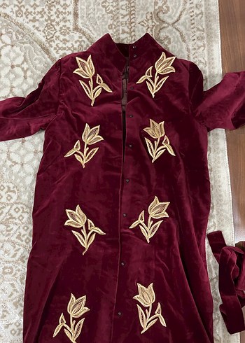 Maraş işi Bordo Nakışlı Uzun Bohem Kadın Sabahlık Sırma kadife - Görsel 4