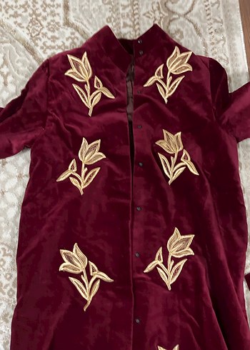 Maraş işi Bordo Nakışlı Uzun Bohem Kadın Sabahlık Sırma kadife - Görsel 2