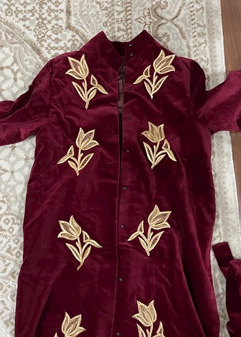 Maraş işi Bordo Nakışlı Uzun Bohem Kadın Sabahlık Sırma kadife - Görsel 3