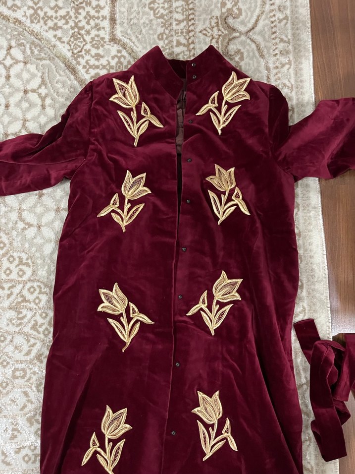 Maraş işi Bordo Nakışlı Uzun Bohem Kadın Sabahlık Sırma kadife - Görsel 4