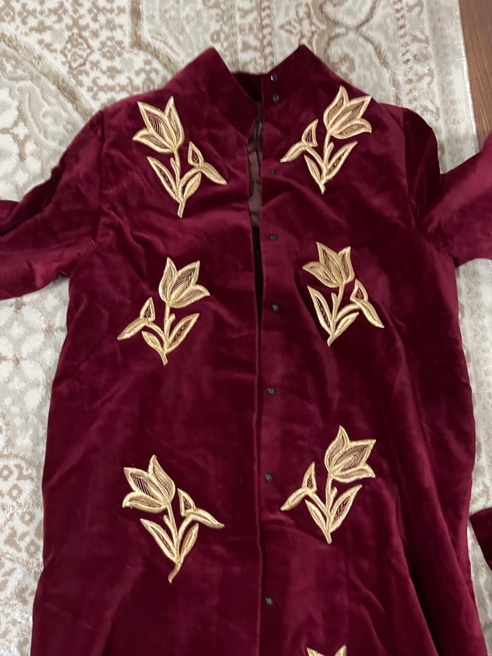 Maraş işi Bordo Nakışlı Uzun Bohem Kadın Sabahlık Sırma kadife - Görsel 2