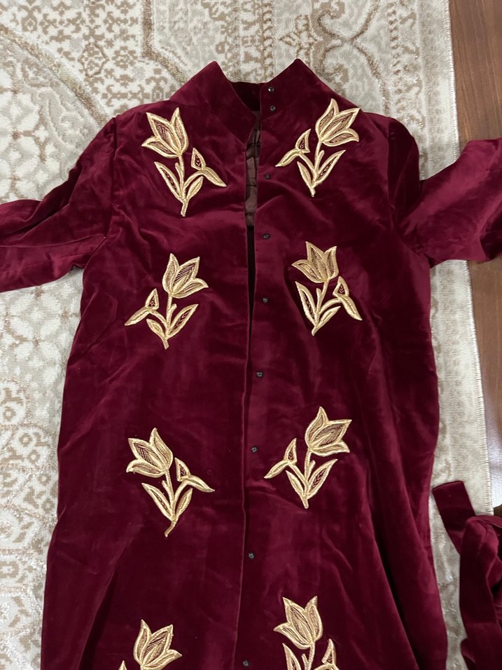 Maraş işi Bordo Nakışlı Uzun Bohem Kadın Sabahlık Sırma kadife - Görsel 3