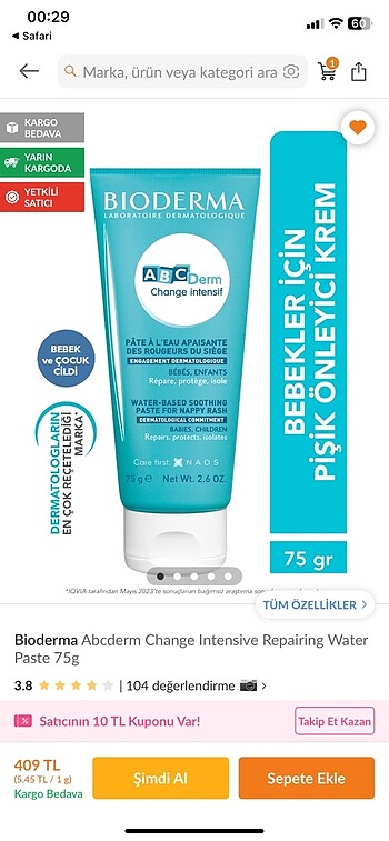 Bioderma abc bebek pişik kremi