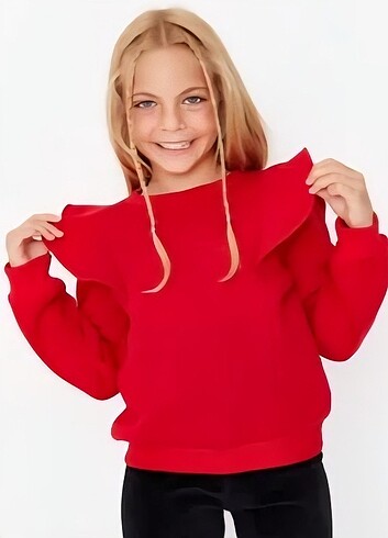TrendyolKids Kırmızı Volan Detaylı Kız Çocuk Örme Sweatshirt