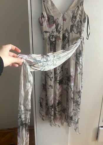 V Yaka Drapeli Uzun Bej Bohem Elbise - Görsel 7