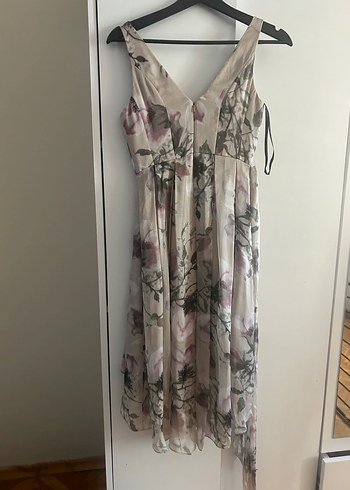 V Yaka Drapeli Uzun Bej Bohem Elbise - Görsel 6