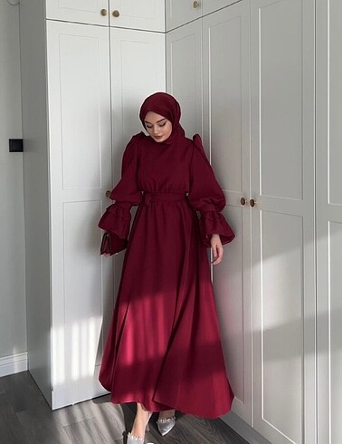 44 Beden bordo Renk Cherry uzun tesettür elbise