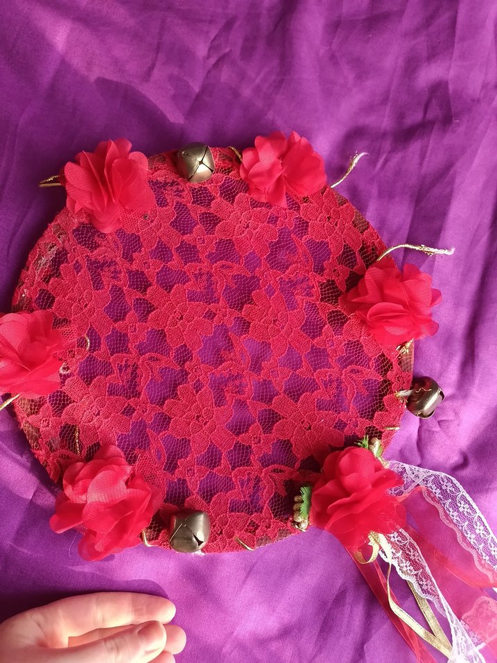 Kırmızı Dantel ve Çiçekli Bohem El Yapımı Tef - Görsel 3
