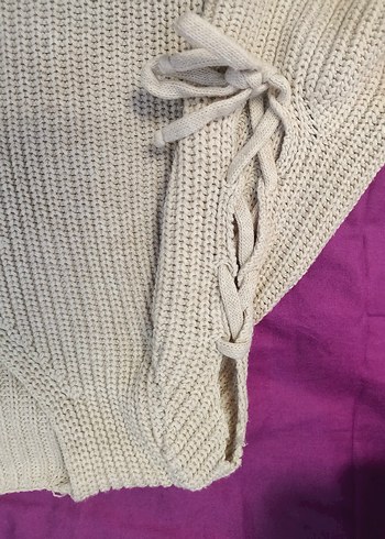 Bej V Yaka Örgü Kadın Kazak - Görsel 4