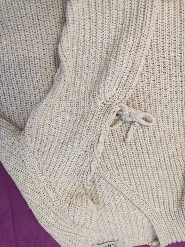 Bej V Yaka Örgü Kadın Kazak - Görsel 5