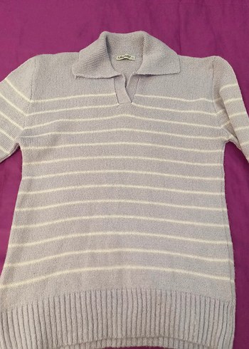 Lila Çizgili Örgü Kadın Triko - Görsel 3