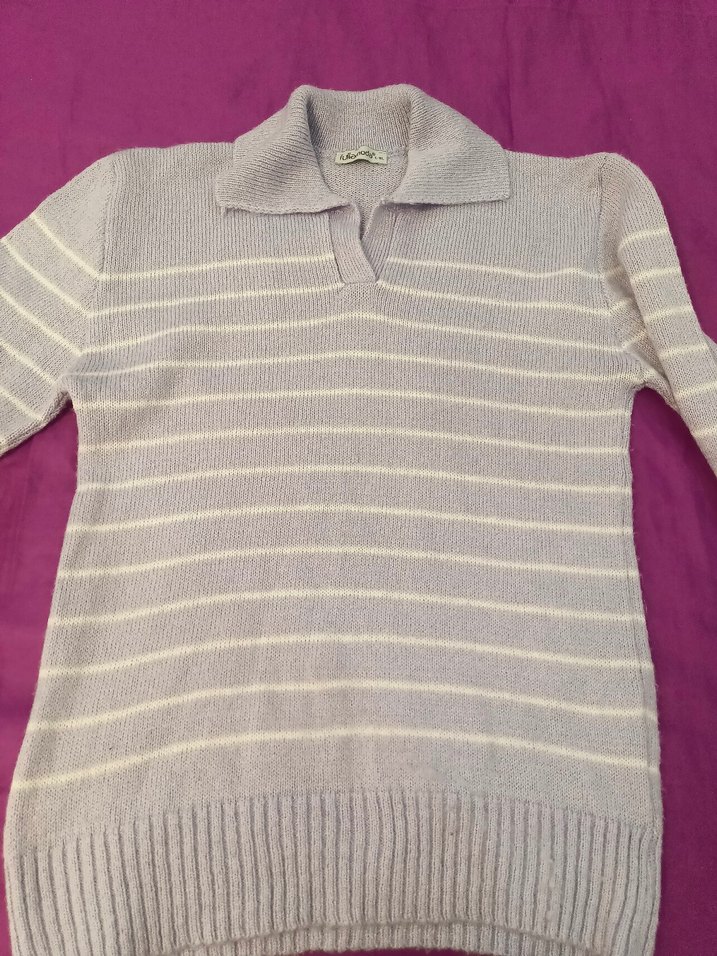 Lila Çizgili Örgü Kadın Triko - Görsel 3