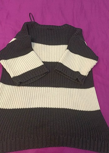 Kadın Çizgili Triko Kazak - Görsel 2