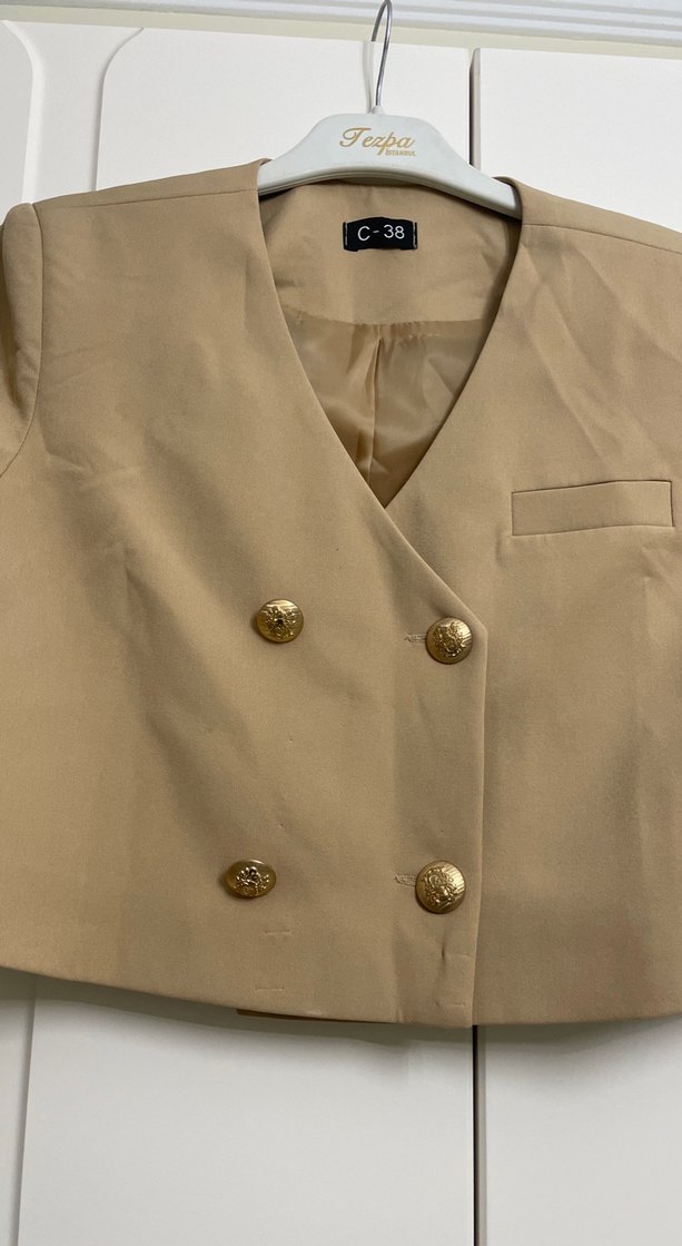 Bej Mini Düğmeli Kadın Blazer Ceket - Görsel 2