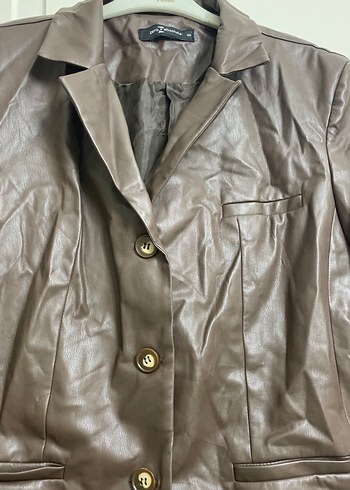 Düğmeli Kahverengi Deri Kadın Ceket - Görsel 2