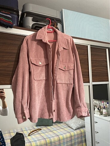 Pembe Kadife Hafif Oversize Gömlek