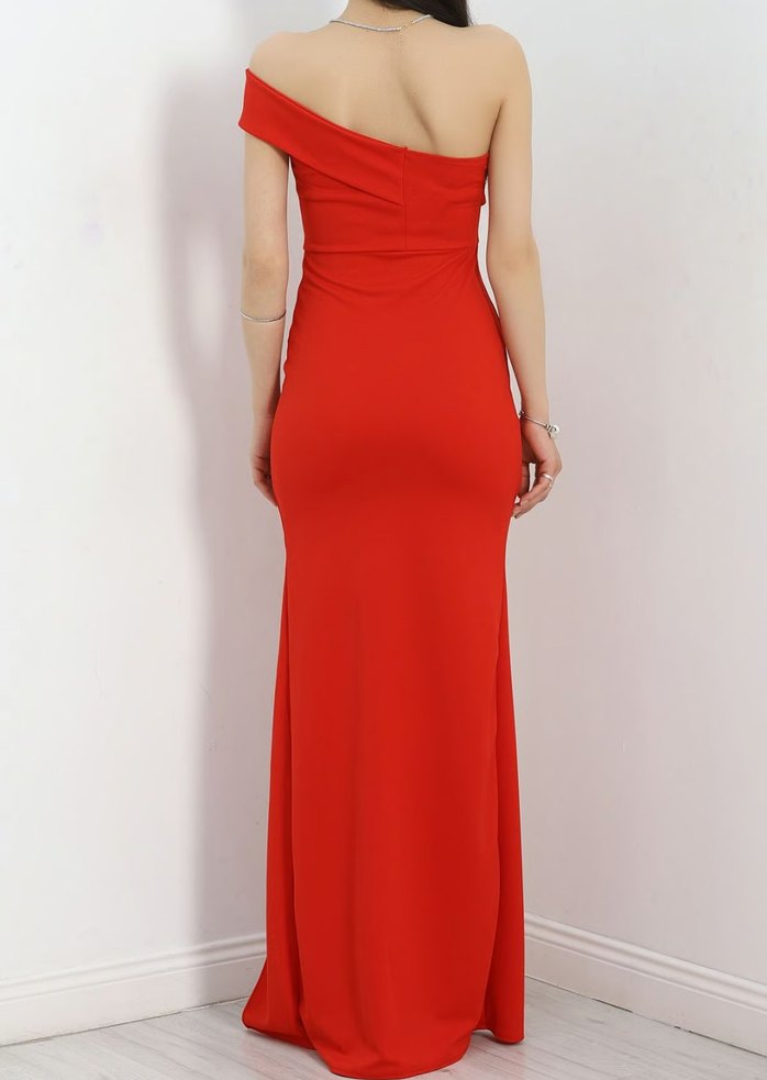 Kırmızı Drapeli Uzun Straplez Abiye Elbise - Görsel 3